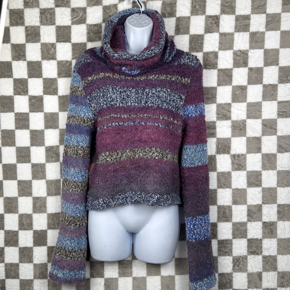 Free people medium cowl neck sweater, purple blue stripe